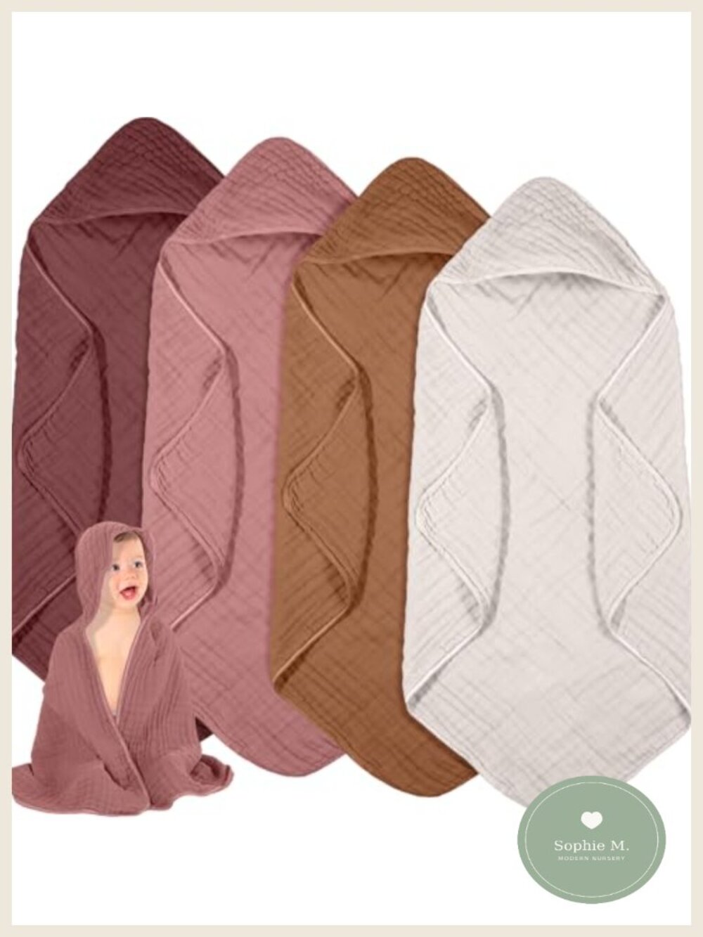 4 Pc Muslin Hooded Baby Towels 32x32 6 Layer Soft Absorbent Bath Towels